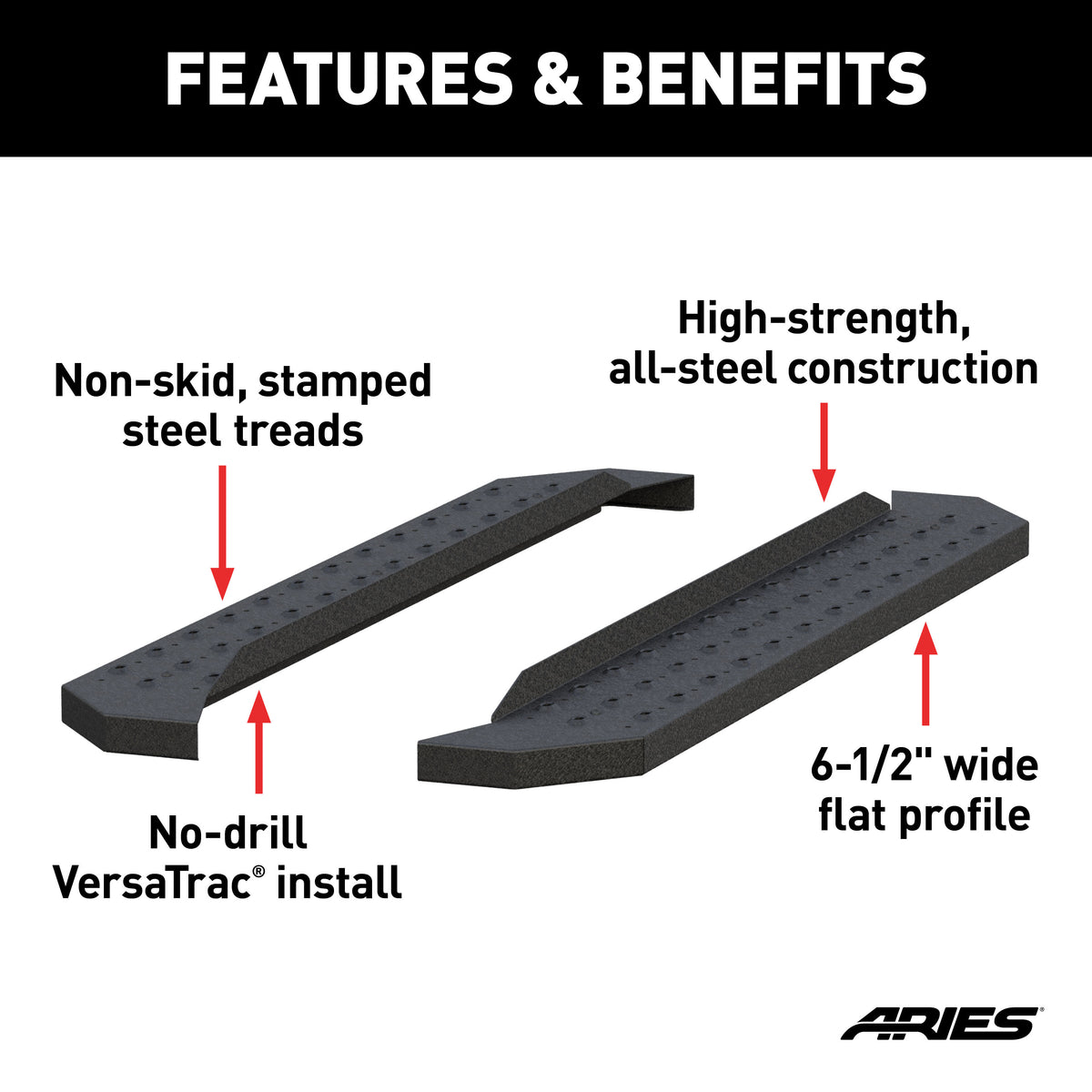 ARIES C2853 RidgeStep 6-1/2" x 53" Black Steel Running Boards (No Brackets)
