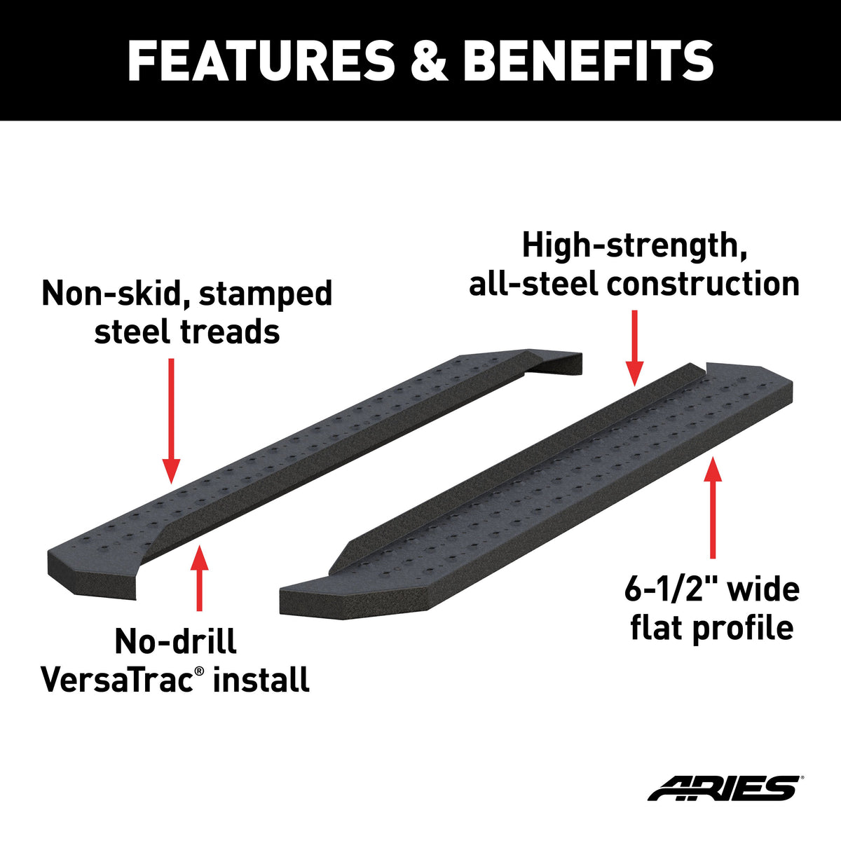 ARIES C2875 RidgeStep 6-1/2" x 75" Black Steel Running Boards (No Brackets)