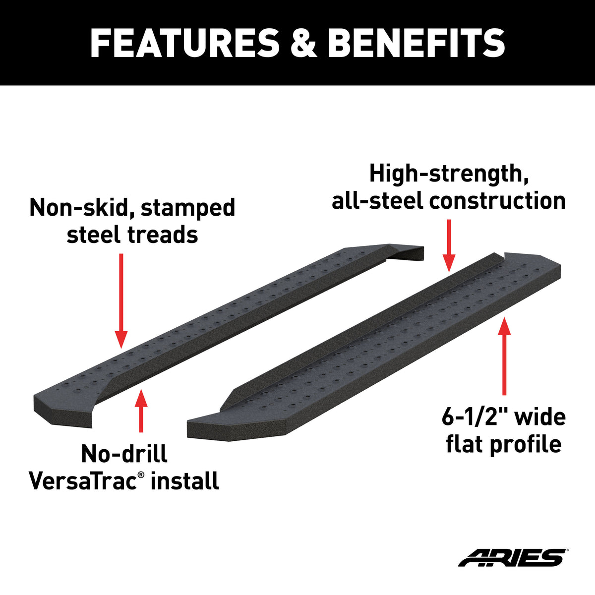 ARIES C2885 RidgeStep 6-1/2" x 85" Black Steel Running Boards (No Brackets)