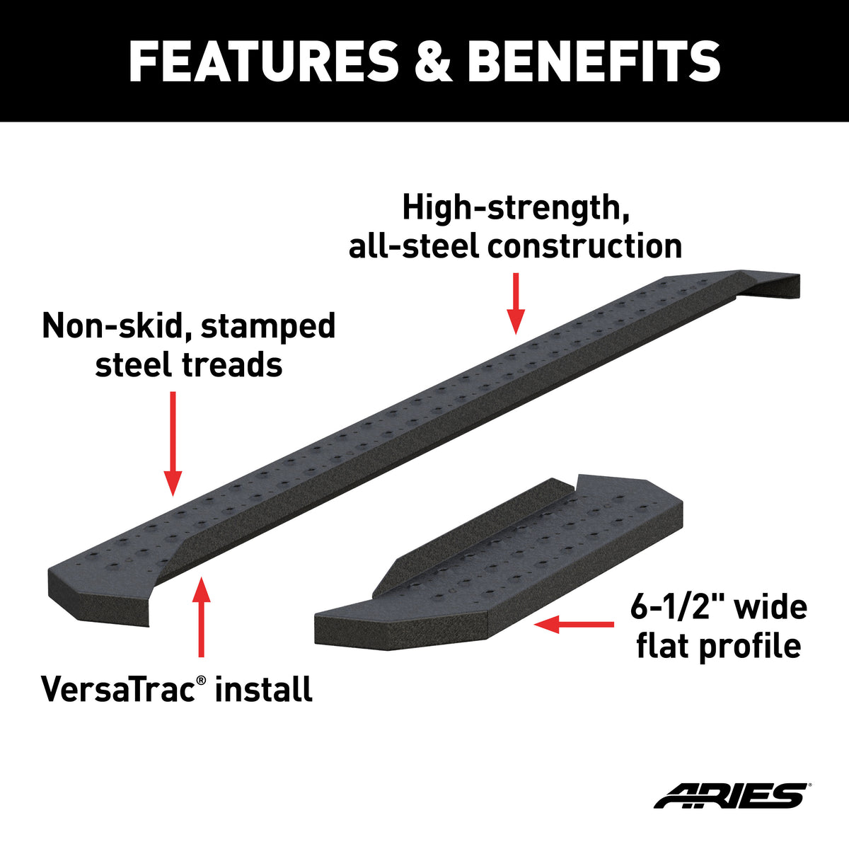 ARIES C3696 RidgeStep 6-1/2" x 96", 36" Black Steel Running Boards (No Brackets)