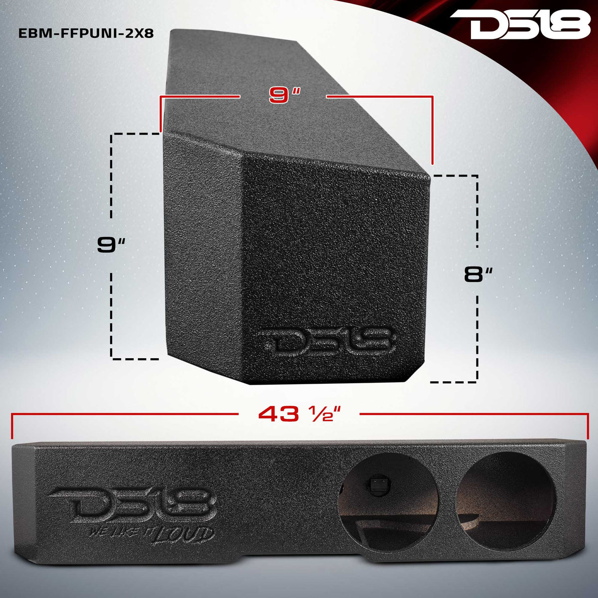 DS18 43 3/4in Long Forward Firing Underseat Ported Box 2ftx8in Subwoofer Enclosure- Black Finish - EBM-FFPUNI-2X8 - close-up view