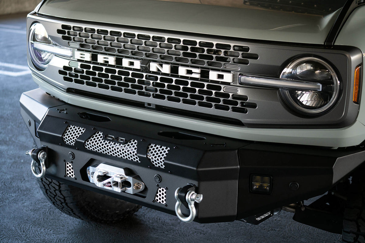 DV8 Offroad 21-25 Ford Bronco Front Bumper Winch Capable w/ Optional Bull Bar/Aux Light Opening - FBBR-01