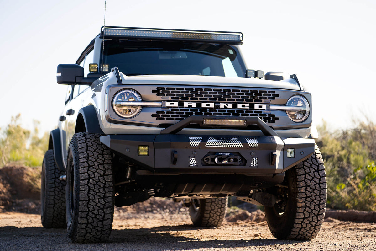 DV8 Offroad 21-25 Ford Bronco Front Bumper Winch Capable w/ Optional Bull Bar/Aux Light Opening - FBBR-01