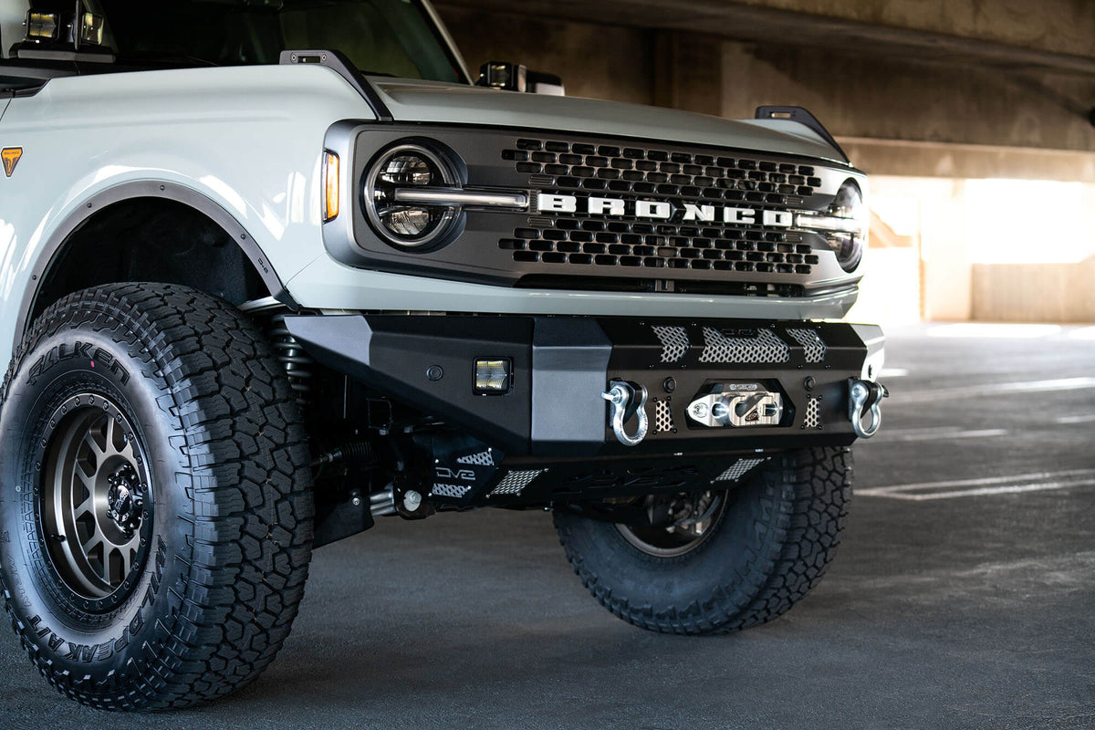 DV8 Offroad 21-25 Ford Bronco Front Bumper Winch Capable w/ Optional Bull Bar/Aux Light Opening - FBBR-01