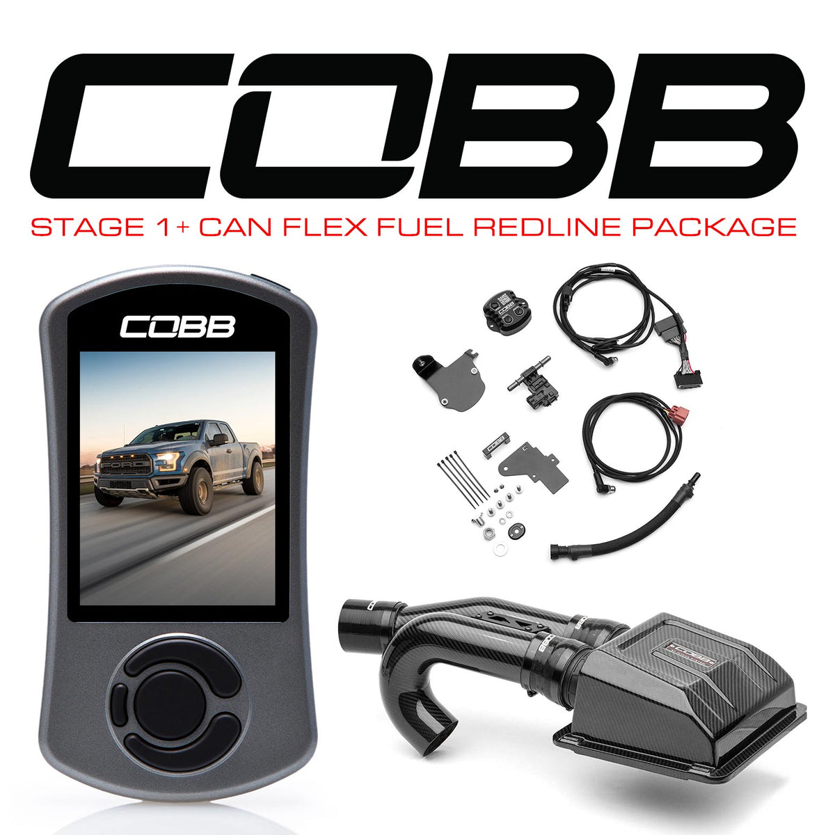 Cobb 17-20 Ford F-150 Ecoboost Raptor w/TCM Stage 1+ CAN Flex Fuel Redline CF Power Package - FOR005001P-TCM-RED-FF