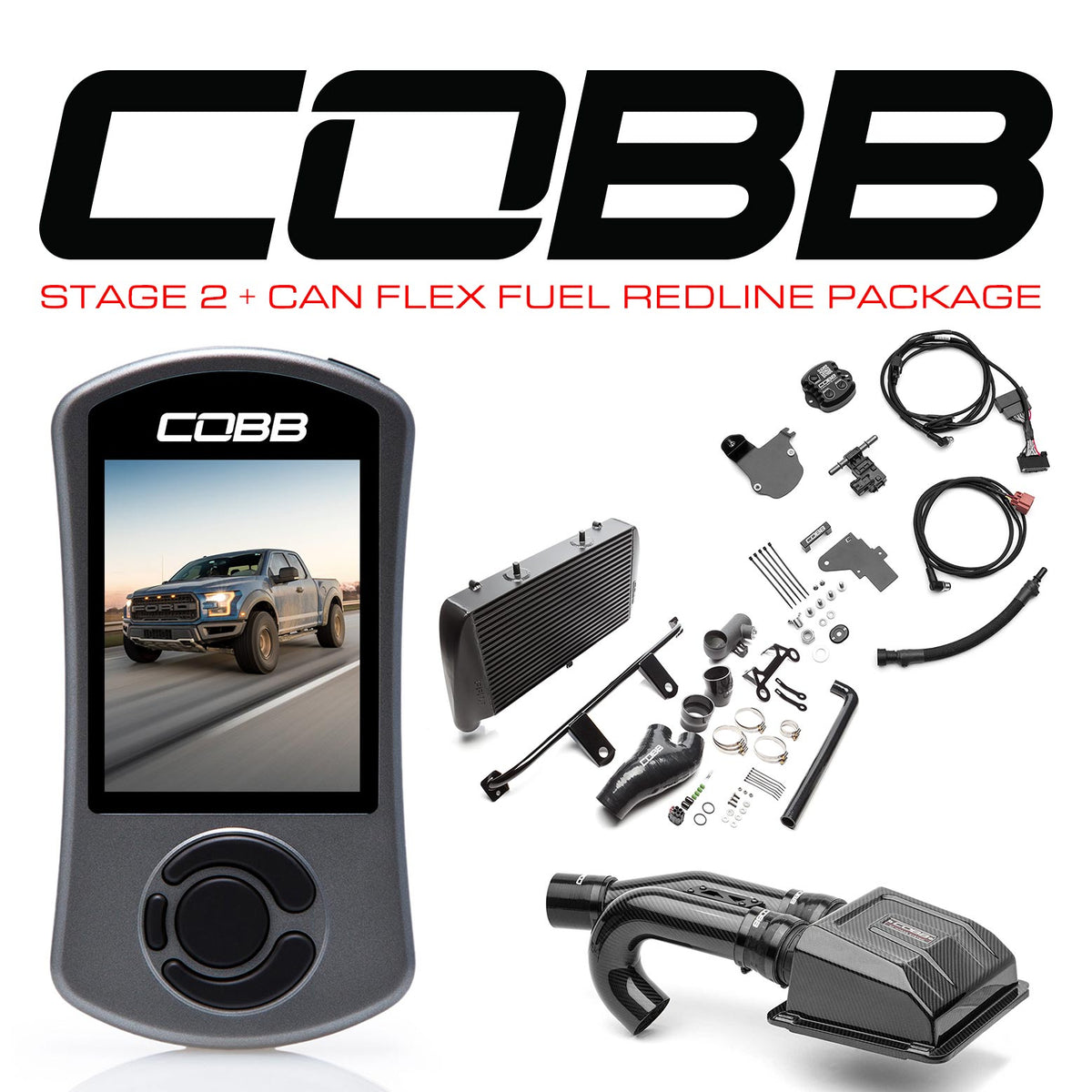 Cobb 17-20 Ford F-150 Ecoboost Raptor w/TCM Stage 2+ CAN Flex Fuel Redline CF Power Package - Black - FOR0050020BK-TCM-RED-FF