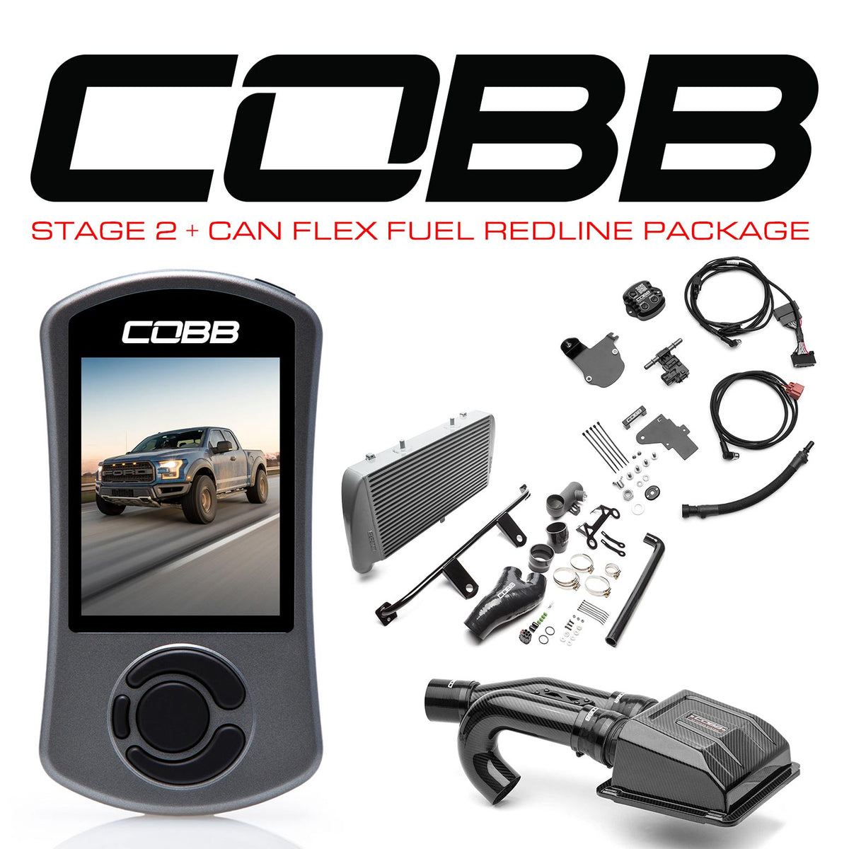 Cobb 17-20 Ford F-150 Ecoboost Raptor w/TCM Stage 2+ CAN Flex Fuel Redline CF Power Package - Silver - FOR0050020SL-TCM-RED-FF
