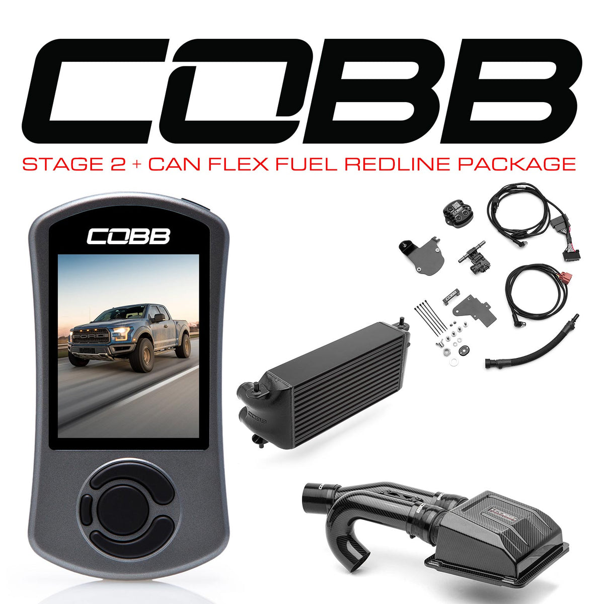 Cobb 17-20 Ford F-150 Ecoboost Raptor Stg2+ CAN Flex Fuel Redline CF Power Pkg (OE Loc I/C) - Silver - FOR0050S20BK-RED-FF