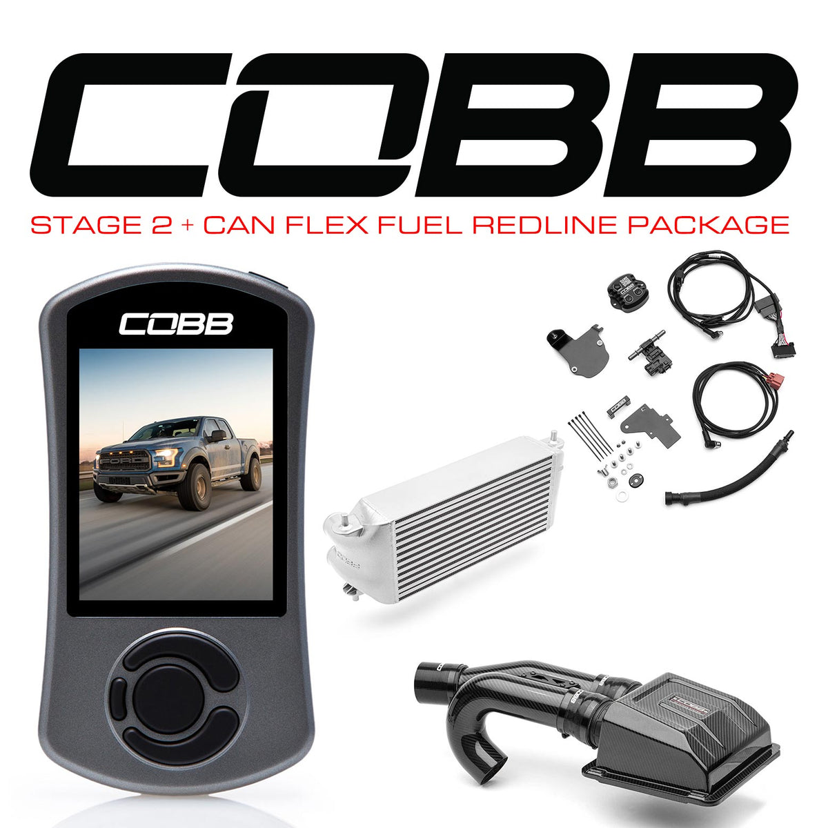 Cobb 17-20 Ford F-150 Ecoboost Raptor Stg2+ CAN Flex Fuel Redline CF Power Pkg (OE Loc I/C) - Silver - FOR0050S20SL-RED-FF