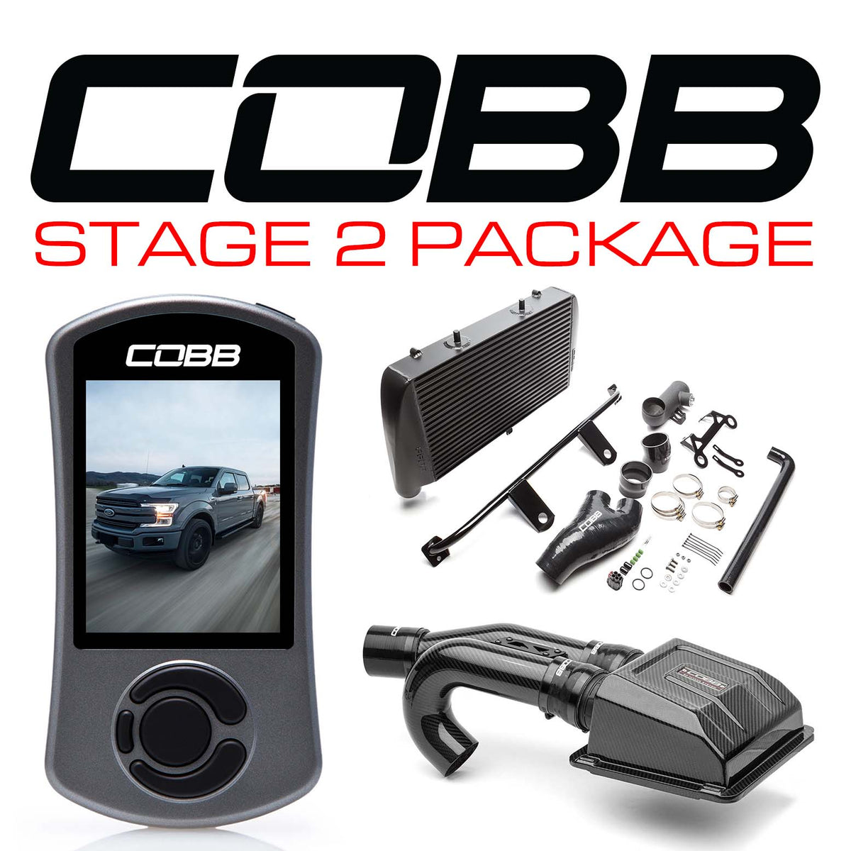 Cobb 17-19 Ford F-150 EcoBoost 3.5L Stage 2 Redline Carbon Fiber Power Package w/TCM - Black - FOR0060020BK-TCM-RED