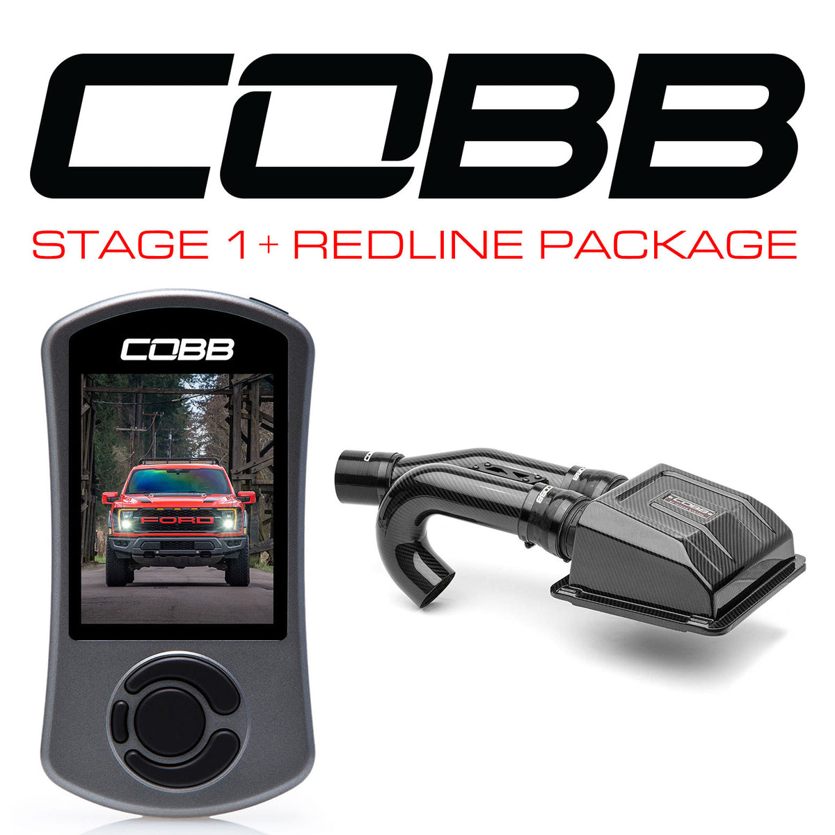 Cobb 21-22 Ford F-150 RaptorStage 1+ Redline Carbon Fiber Power Package - FOR010001P-RED