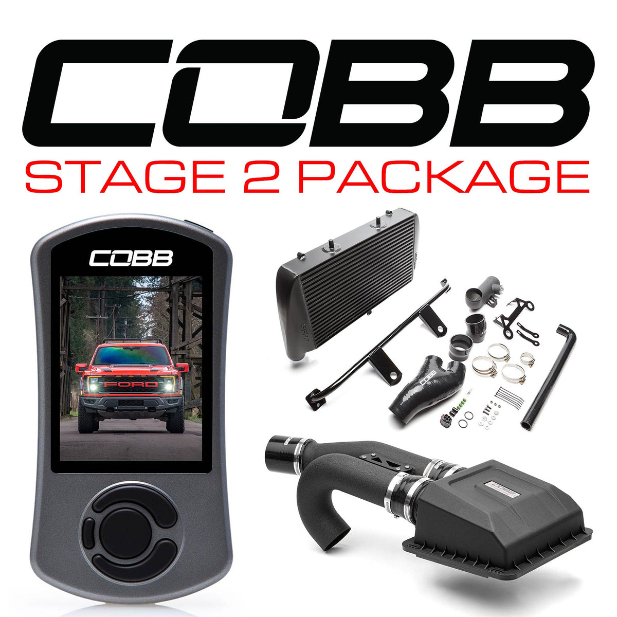 Cobb 21-22 Ford F-150 Raptor Stage 2 Power Package w/FMIC (w/ HCT Intake) - Black - FOR0100020BK