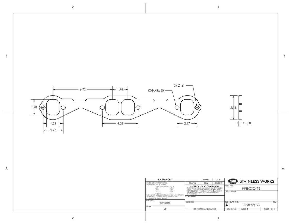 Stainless Works - Small Block Chevy Stock Pattern Rectangle Port Header Flange - HFSBCSQ1875
