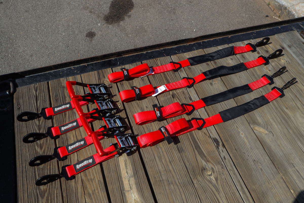 SpeedStrap 2In x 10Ft Ratchet Tie Down w/ Twisted Snap Hooks & Axle Strap Combo - Red - 27013