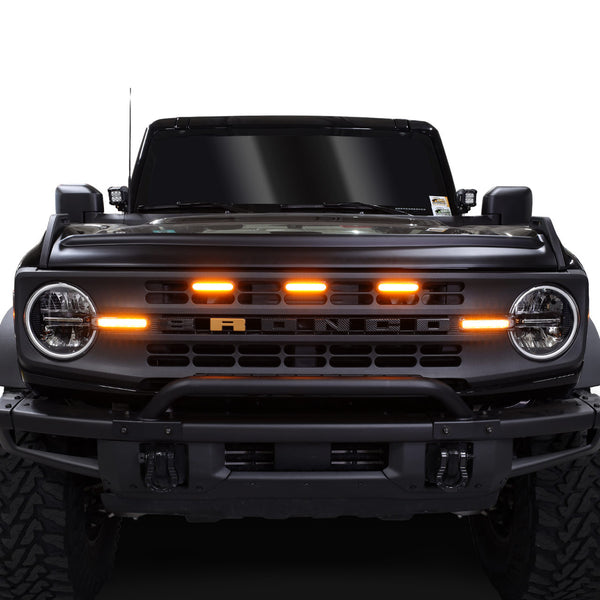 IAG I-Line 3pc Amber Grille Light Kit for 2021+ Ford Bronco Base/Black Diamond - IAG-BDY-F3035 for 2021-2026 Ford Bronco - fr