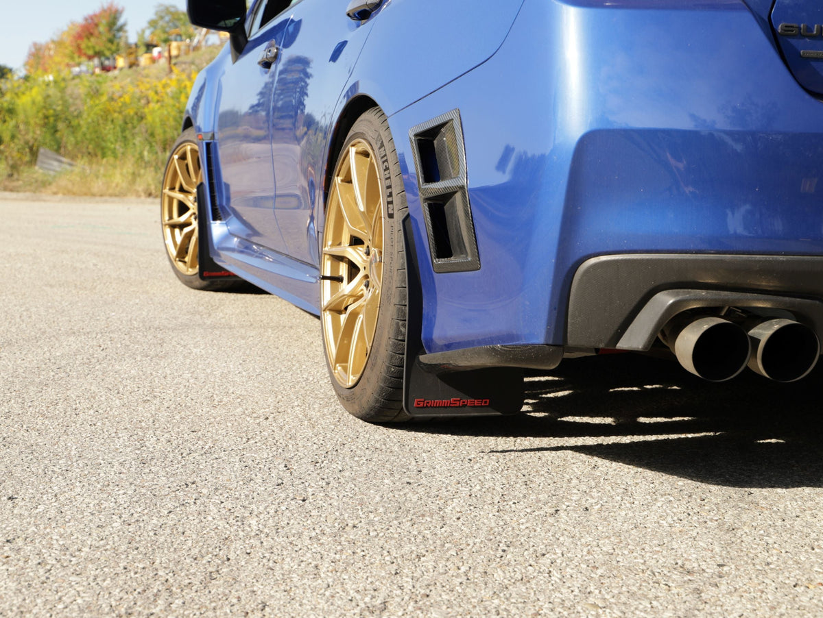 Grimmspeed 15-21 Subaru WRX/STI Mudflaps - Black w/ Red Lettering - GRM.1021.1.WHT