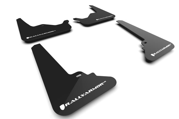 Rally Armor 21-24 Tesla Model S / S Plaid Black UR Mud Flap w/White Logo - MF101-UR-BLK-WH for 2021-2026 Tesla S - front view