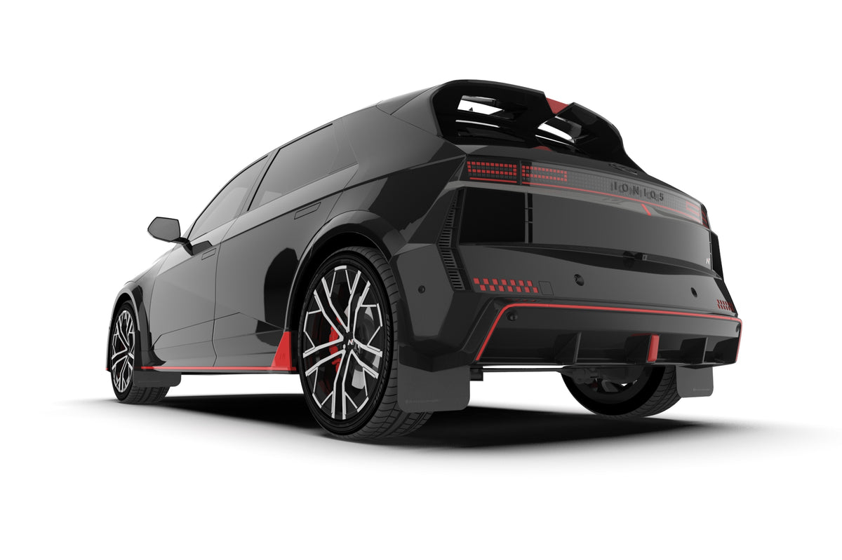 Rally Armor 2025+ Hyundai Ioniq 5 N Black Mud Flap w/ Metallic Black Logo - MF117-UR-BLK-MBK