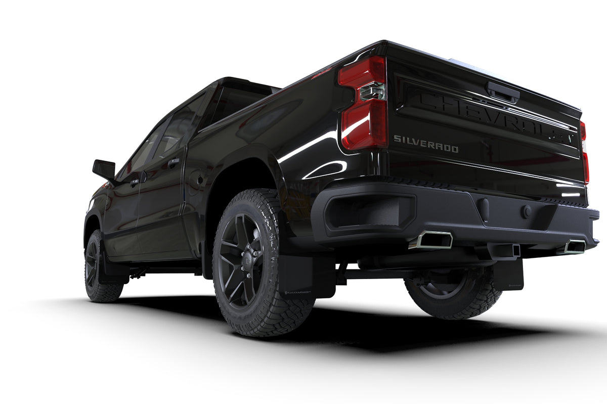 Rally Armor 19-24 Gen 4 Chevy Silverado 1500 Black UR Mud Flap Metallic Black Logo - MF121-UR-BLK-MBK
