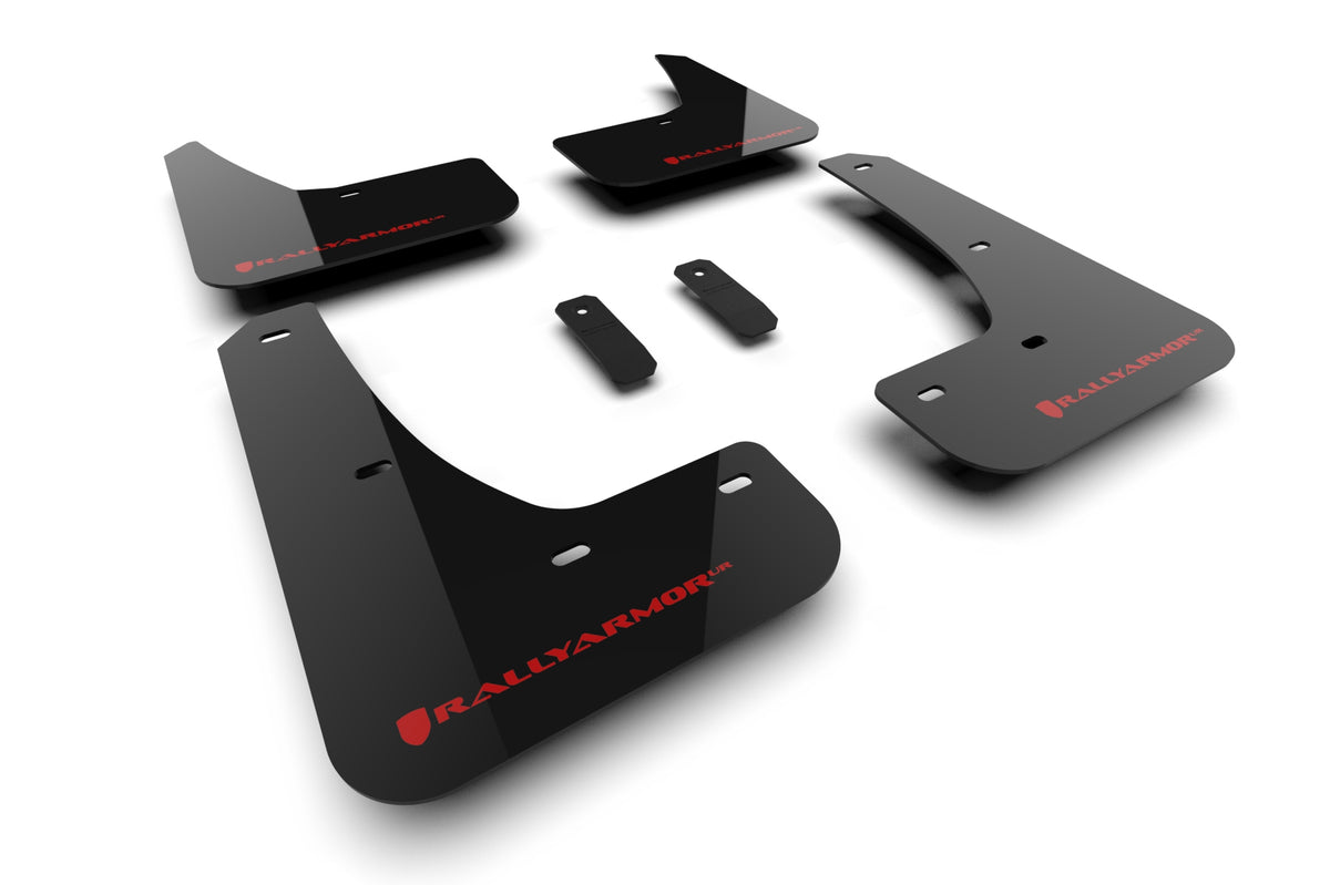 Rally Armor 2024 Tesla Model 3 Highland Black UR Mud Flap Red Logo - MF122-UR-BLK-RD for 2024 Tesla 3 - front view