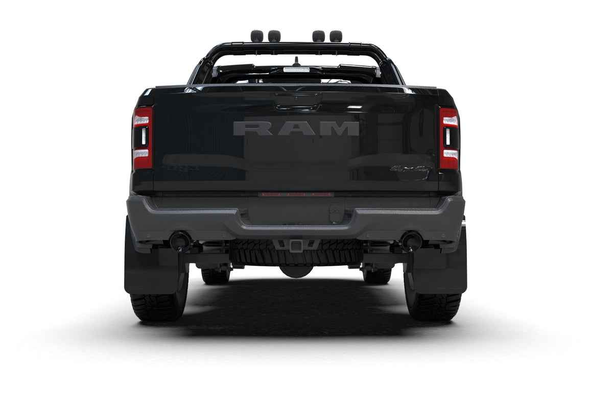 Rally Armor 2021+ Dodge Ram 1500 TRX Black UR Mud Flap - Metallic Black Logo - MF128-UR-BLK-MBK