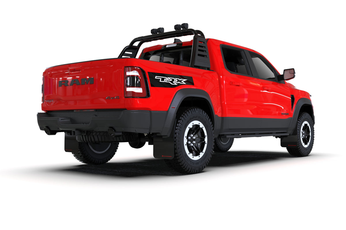 Rally Armor 2021+ Dodge Ram 1500 TRX Black UR Mud Flap - Metallic Black Logo - MF128-UR-BLK-MBK