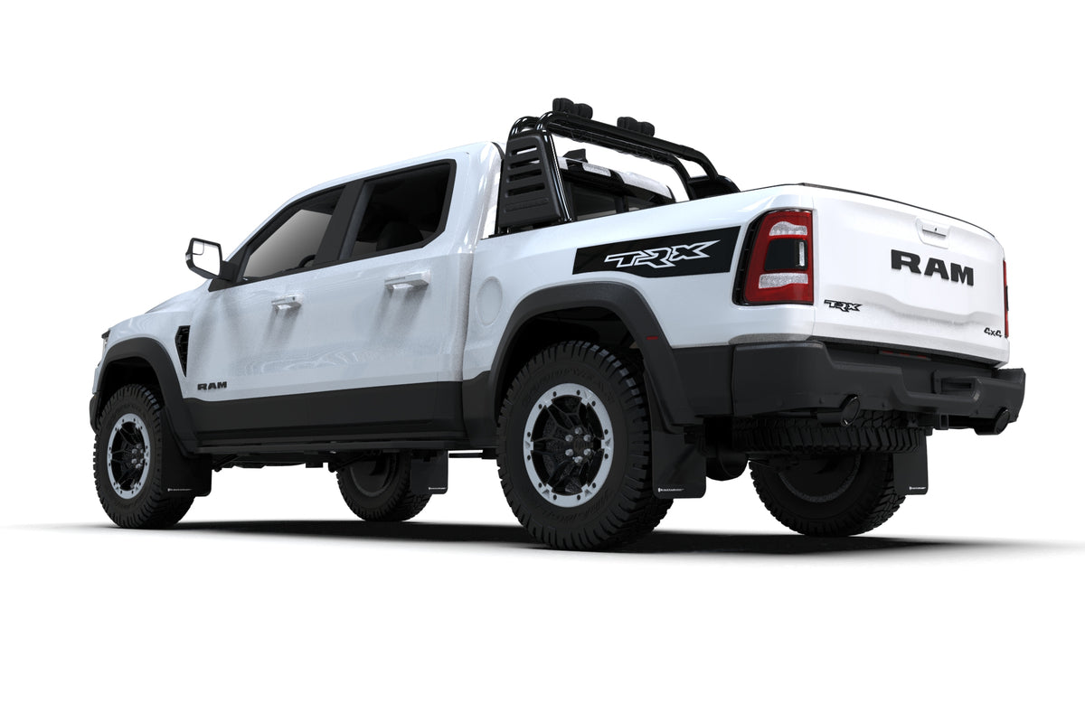 Rally Armor 2021+ Dodge Ram 1500 TRX Black UR Mud Flap - White Logo - MF128-UR-BLK-WH