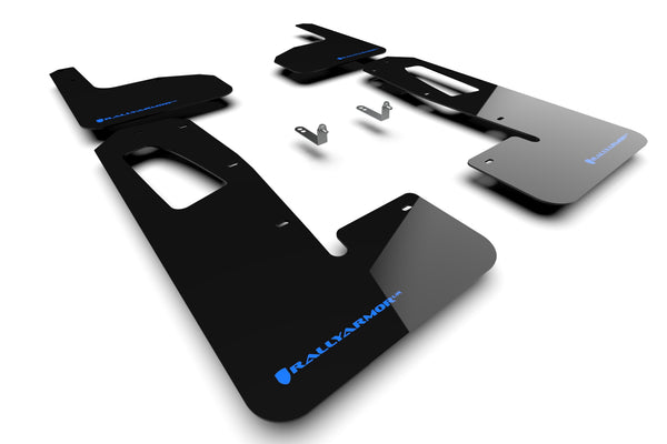 Rally Armor 22-24 Rivian R1T Black UR Mud Flap w/Nitrous Blue Logo - MF18-UR-BLK/NB for 2022-2025 Rivian R1T - front view