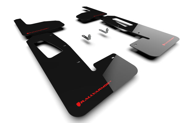 Rally Armor 22-24 Rivian R1T Black UR Mud Flap w/Red Logo - MF18-UR-BLK/RD for 2022-2025 Rivian R1T - front view