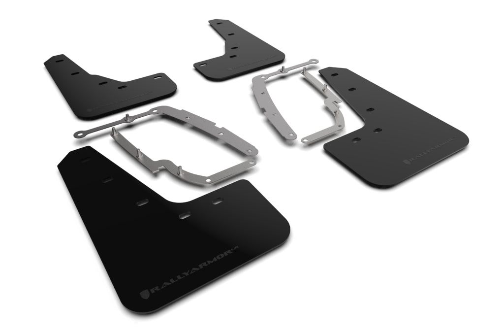 Rally Armor 17-22 Tesla Model 3 Black UR Mud Flap - Metallic Black Logo - MF62-UR-BLK/MBK for 2017-2023 Tesla 3 - front view