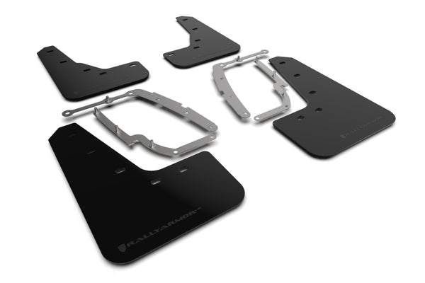 Rally Armor 17-22 Tesla Model 3 Black UR Mud Flap - Metallic Black Logo - MF62-UR-BLK/MBK for 2017-2023 Tesla 3 - front view