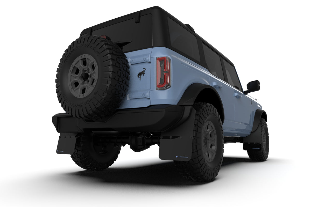 Rally Armor 21-24 Ford Bronco (Steel Bmpr - NO Rptr/Sprt - NO RR/RB) Blk Mud Flap w/Area Blue Logo - MF85-NO-ST-ABL
