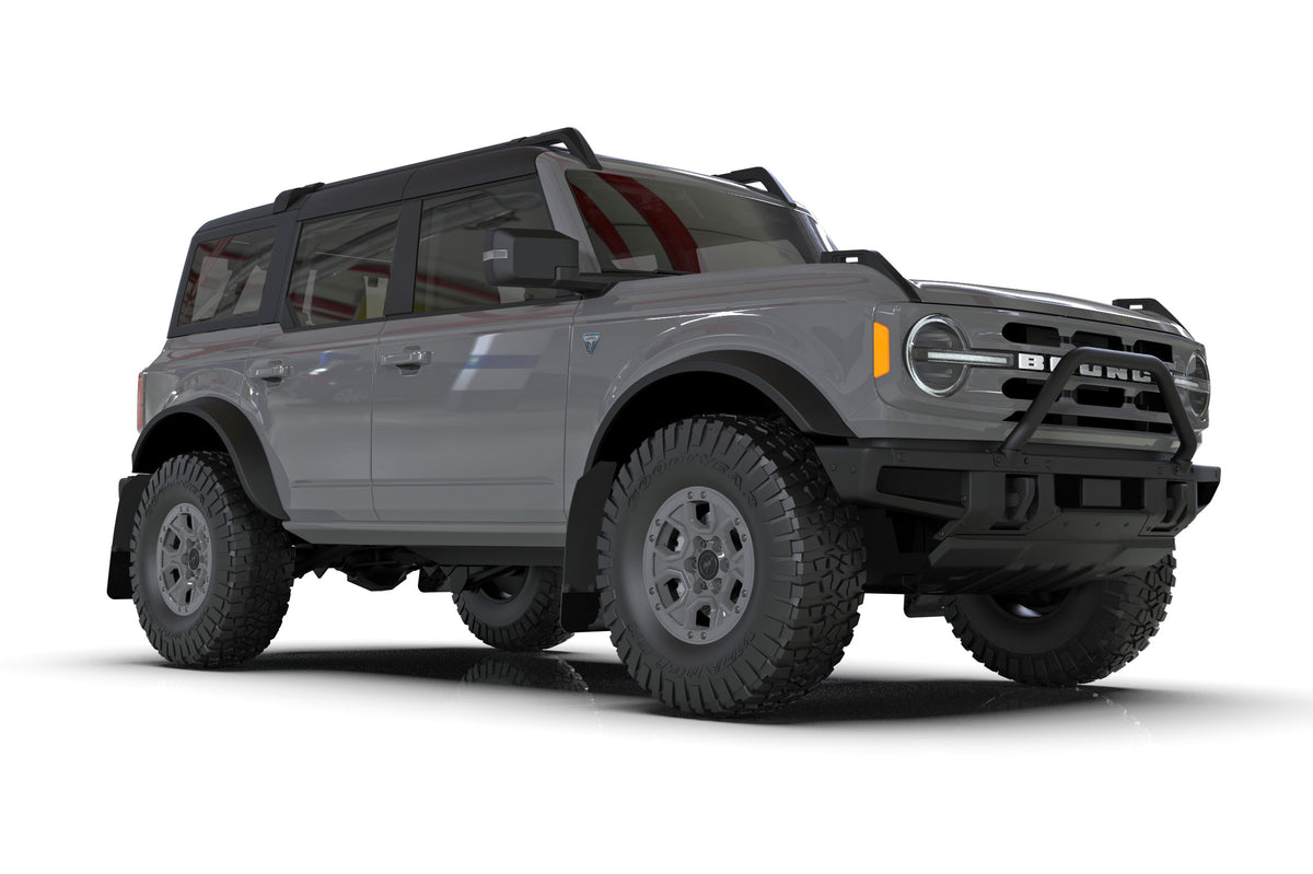 Rally Armor 21-24 Ford Bronco (Steel Bmpr + RB - NO Rptr/Sprt) Blk Mud Flap w/Cy Orange Logo - MF85-RB-ST-COR
