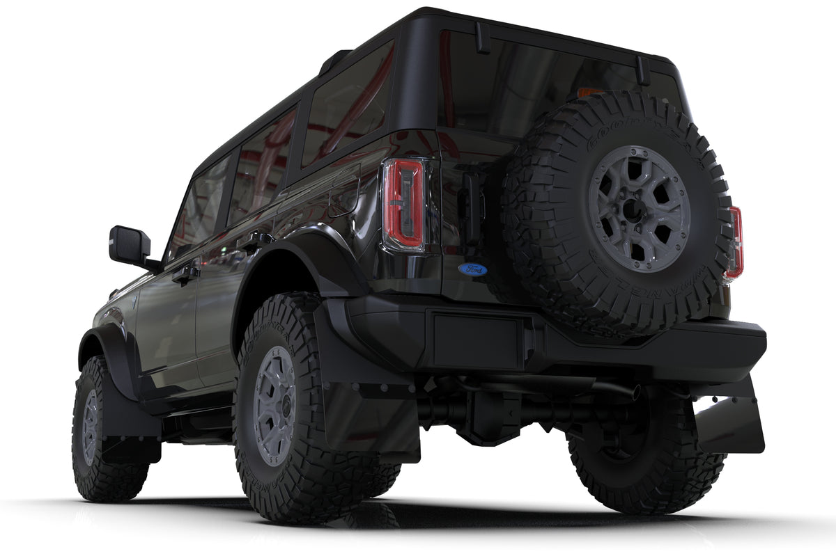 Rally Armor 21+ Ford Bronco (Plstc Bmpr + RB - NO Rptr/Sprt) Blk Mud Flap w/Met. Blk Logo - MF85-RB-PL-MBK