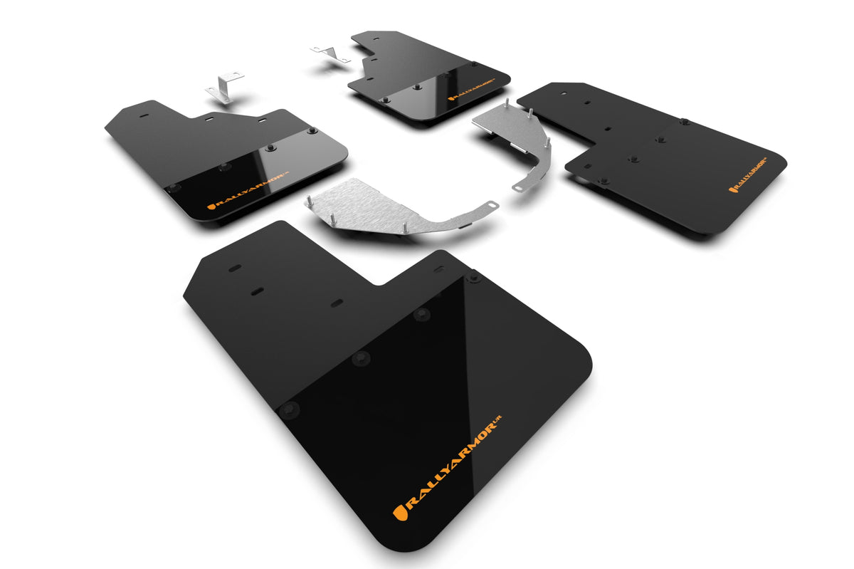 Rally Armor 21-24 Ford Bronco (Steel Bmpr - NO Rptr/Sprt - NO RR/RB) Blk Mud Flap w/Cy Orange Logo - MF85-NO-ST-COR for 2021-