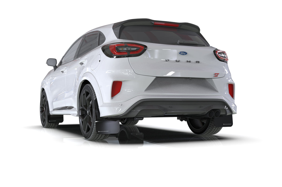 Rally Armor 20-24 Ford Puma ST Black Mud Flap w/White Logo - MF86-UR-BLK-WH