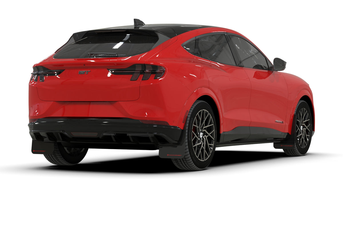 Rally Armor 21-23 Ford Mustang Mach-E Black UR Mud Flap w/ Metallic Black Logo - MF96-UR-BLK-MBK