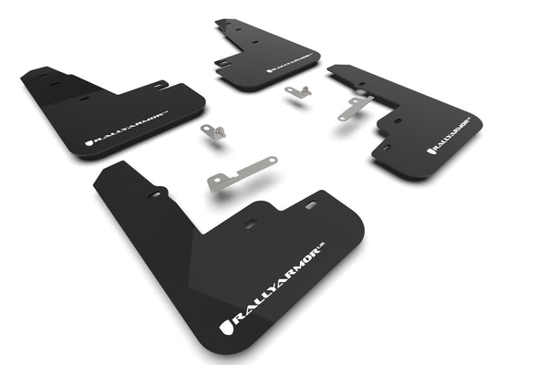 Rally Armor 21-24 Ford Mustang Mach-E/GT/Rally Black Mud Flap w/White Logo - MF96-UR-BLK-WH for 2021-2025 Ford Mustang Mach E
