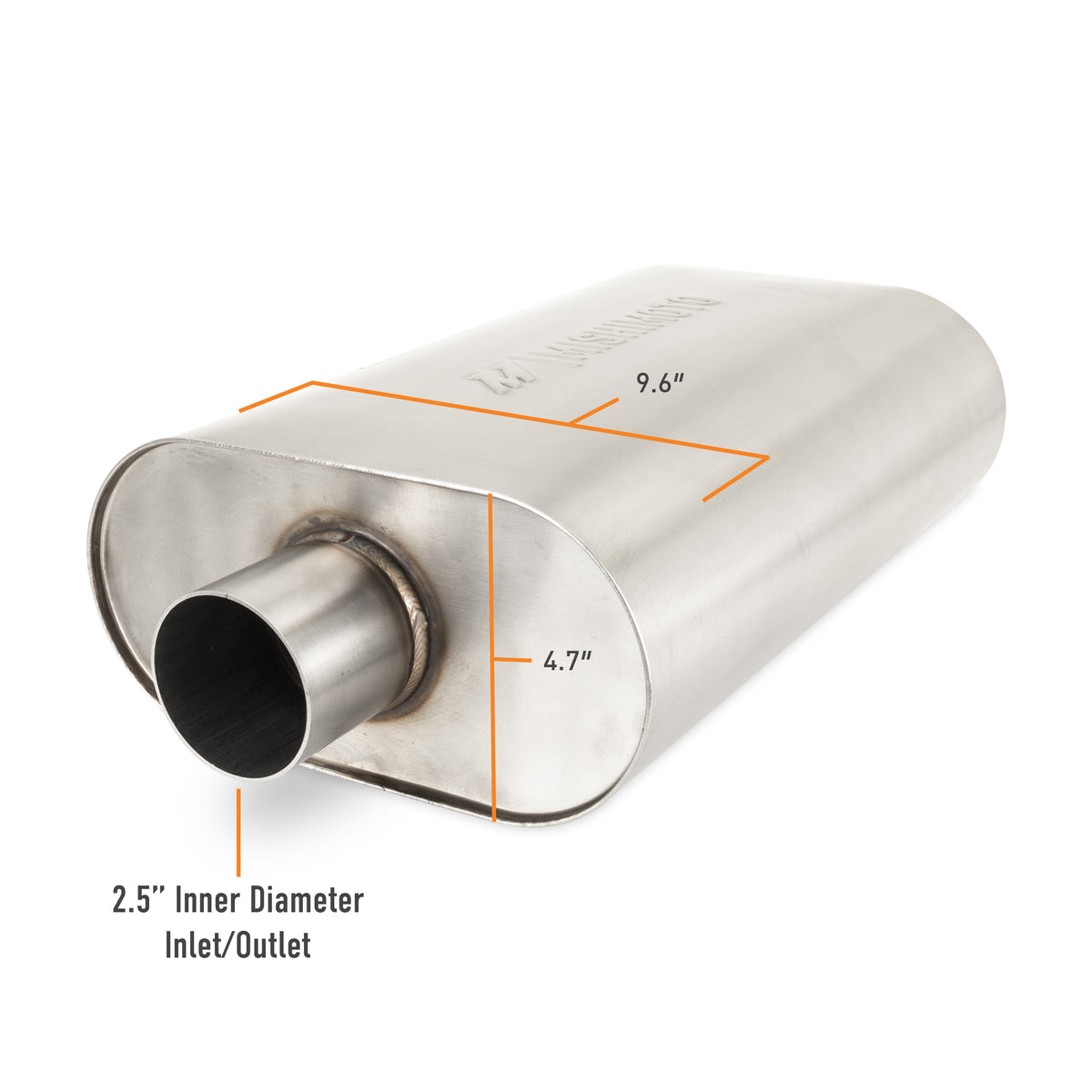 Mishimoto Universal Muffler with 2.5in Center Inlet/Outlet - Brushed - MMEXH-MF-25CCBR by Mishimoto - angle view