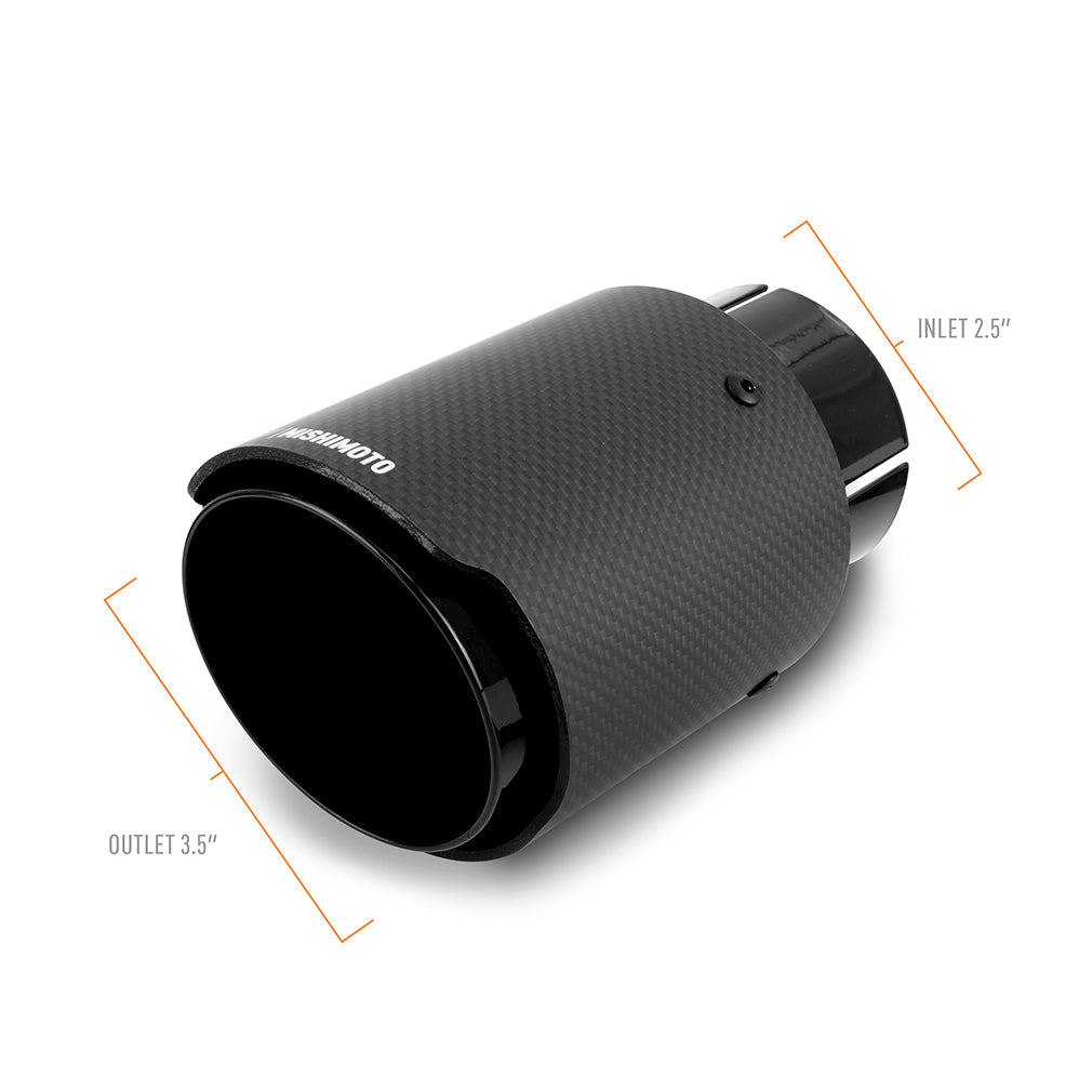 Mishimoto Carbon Fiber Muffler Tip 2.5in Inlet 3.5in Outlet Black - MMEXH-TIP-CF25BK by Mishimoto - angle view