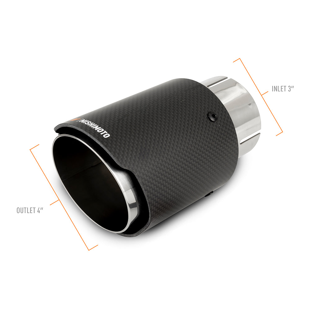 Mishimoto Carbon Fiber Muffler Tip 3in Inlet 4in Outlet Polished - MMEXH-TIP-CF3P by Mishimoto - angle view