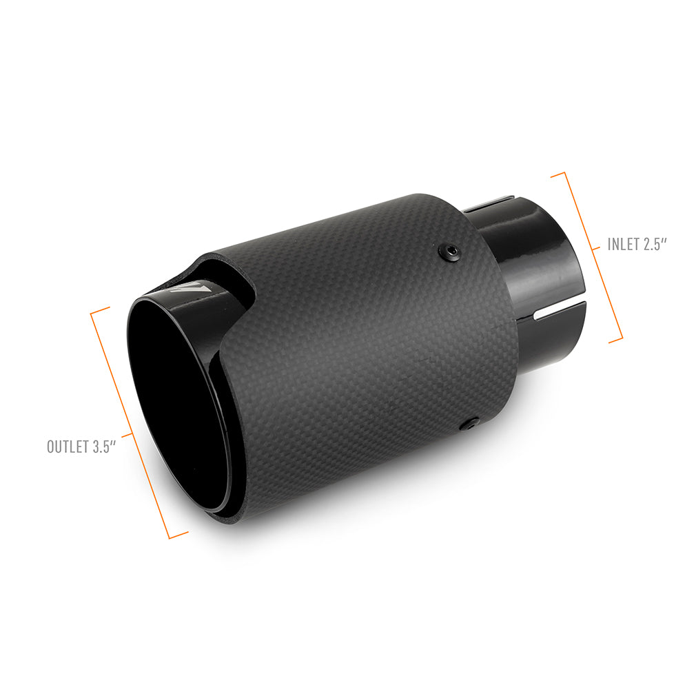 Mishimoto Carbon Fiber Muffler Tip 2.5in Inlet 3.5in Outlet M Black - MMEXH-TIP-CFM25BK by Mishimoto - angle view