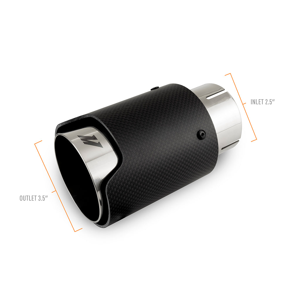 Mishimoto Carbon Fiber Muffler Tip 2.5in Inlet 3.5in Outlet M Polished - MMEXH-TIP-CFM25P by Mishimoto - angle view