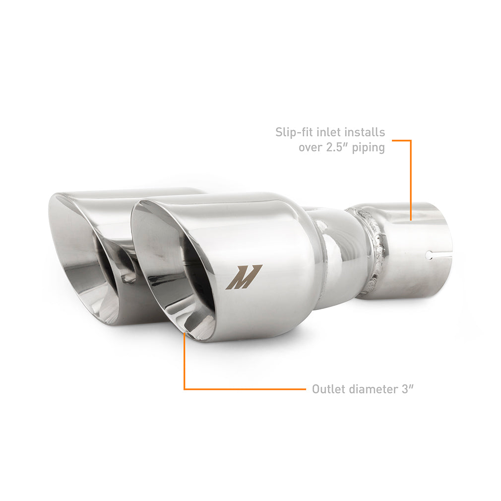 Mishimoto Dual Offset Tips 2.5in Inlet 3in Outlet Slash Cut - Polished - MMEXH-TIP-FSTP by Mishimoto - angle view