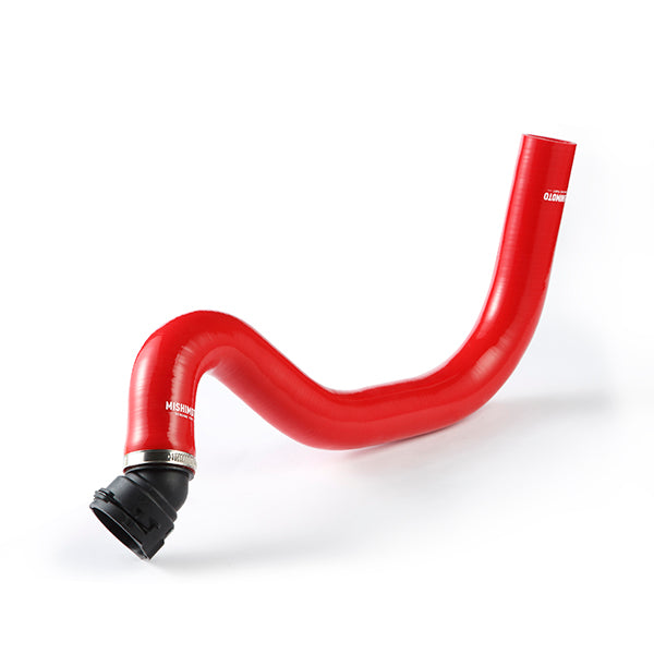 Mishimoto 15+ Ford Mustang GT Red Silicone Upper Radiator Hose - MMHOSE-MUS8-15URD for 2015-2023 Ford Mustang - angle view