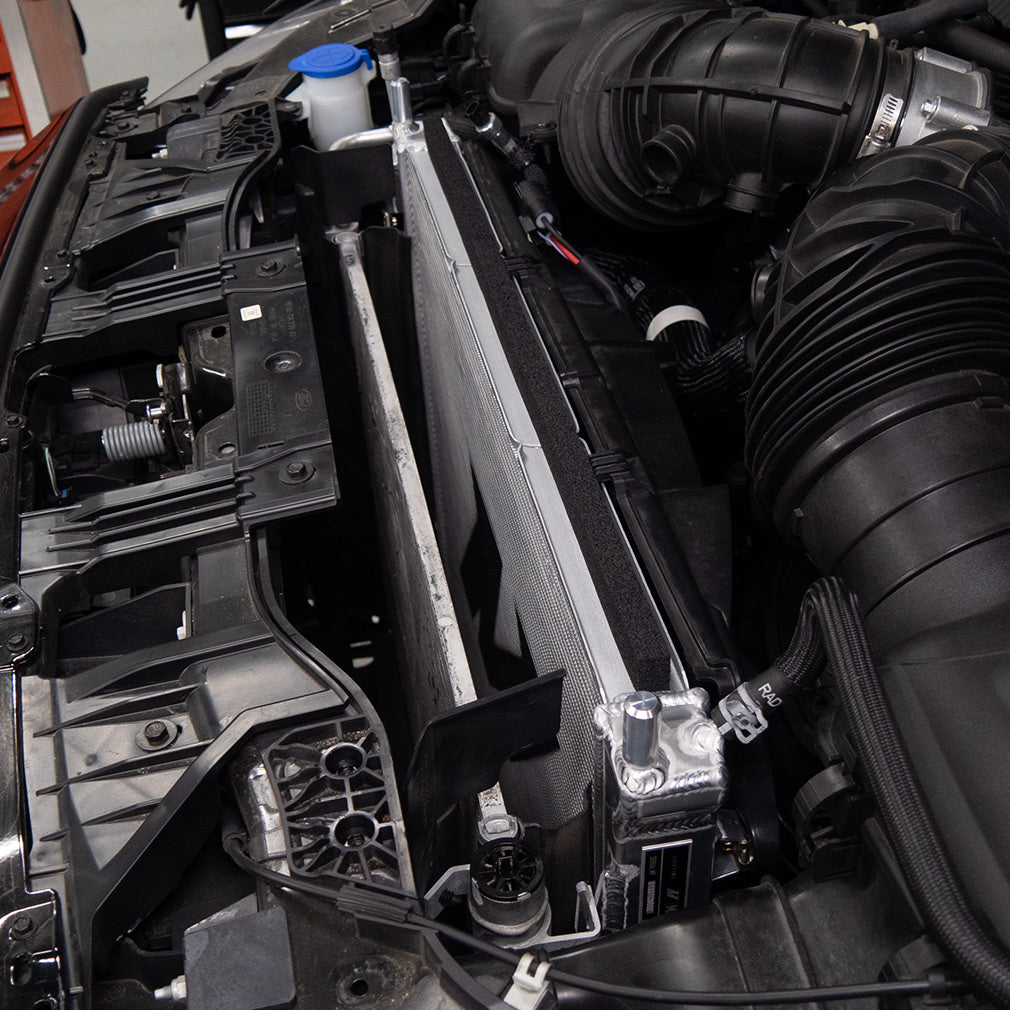 Mishimoto 2024+ Ford Mustang V8/2.3L Performance Aluminum Radiator - MMRAD-MUS-24 for 2024-2026 Ford Mustang - detail view