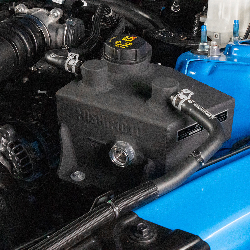 Mishimoto 2024+ Ford Mustang V8/2.3L EcoBoost Expansion Tank - Black - MMRT-MUS-24MWBK for 2024-2026 Ford Mustang - rear view