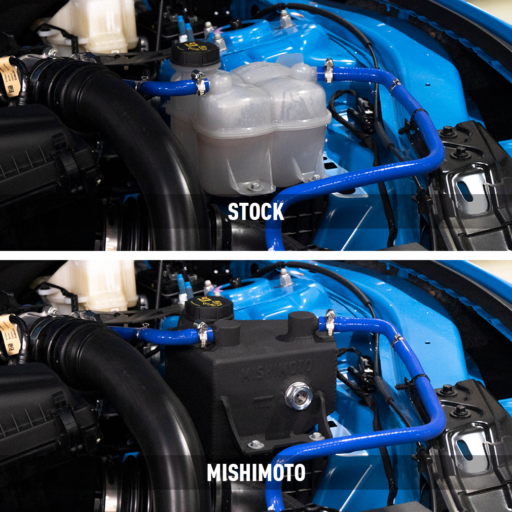 Mishimoto 2024+ Ford Mustang V8/2.3L EcoBoost Expansion Tank - Black - MMRT-MUS-24MWBK for 2024-2026 Ford Mustang - side view