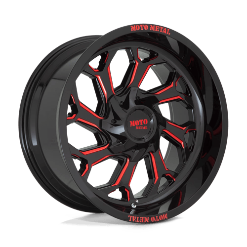 Moto Metal Mo999 20X10 6X135/6X139.7/6X139 -18MM Gloss Black Milled W/ Red Tint