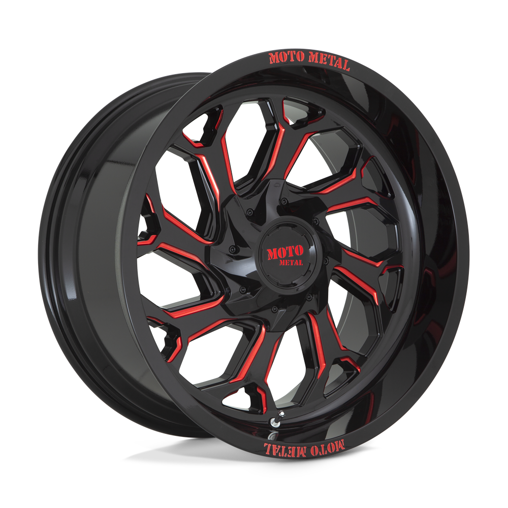 Moto Metal Mo999 20X10 6X135/6X139.7/6X139 -18MM Gloss Black Milled W/ Red Tint